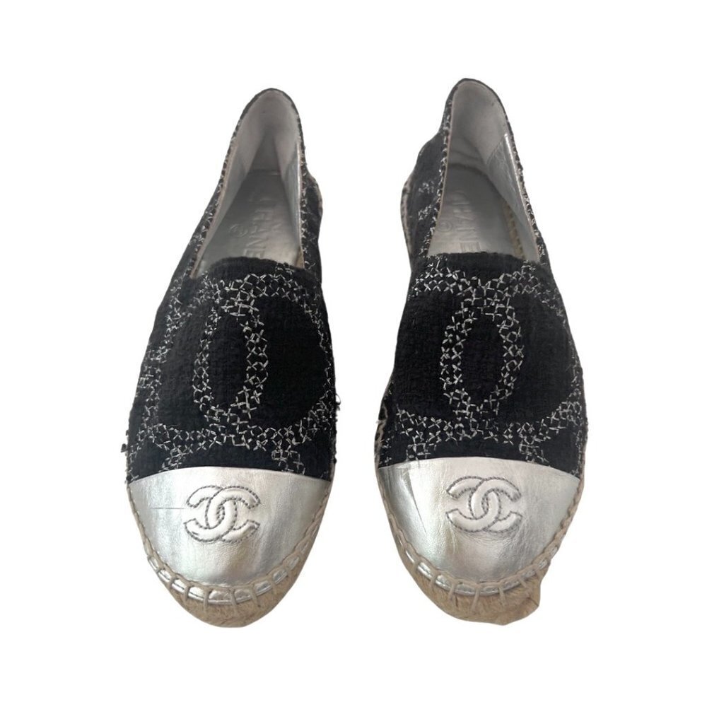 Chanel 35 stitch black silver tip canvas CC espadrilles size 38